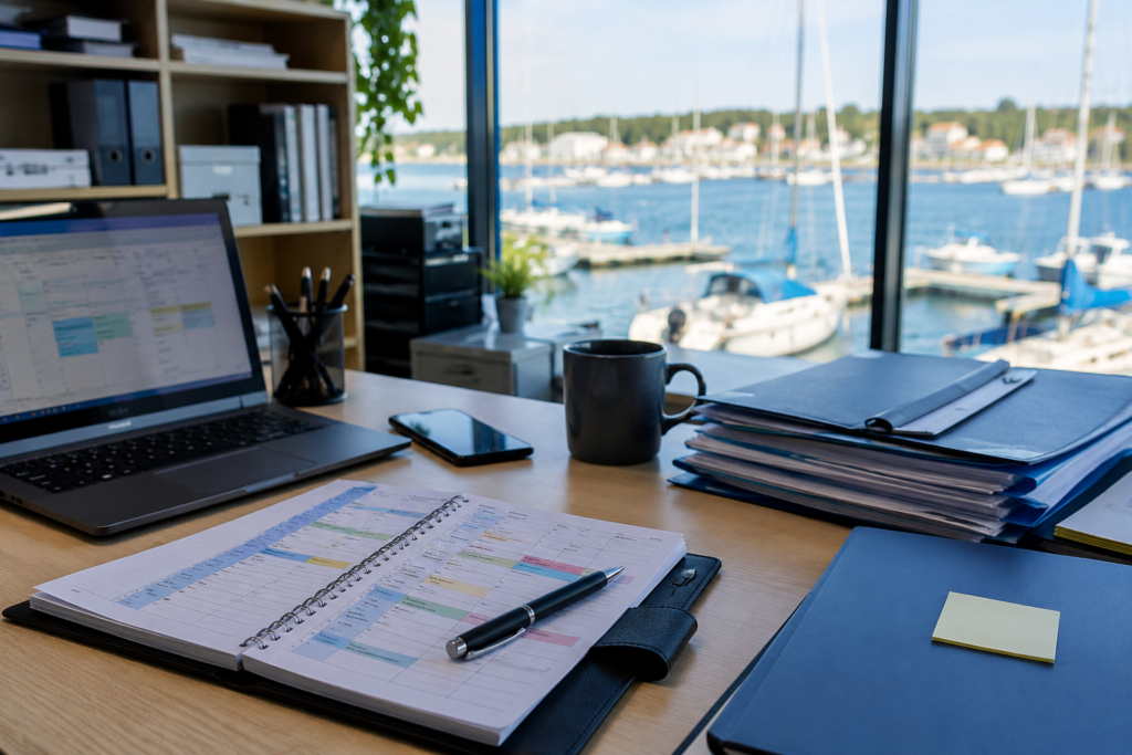 Gestion bateau-école avec planning, documents administratifs et ordinateur portable