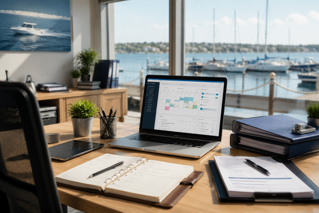 Logiciel bateau-école affiché sur un ordinateur portable dans un bureau moderne
