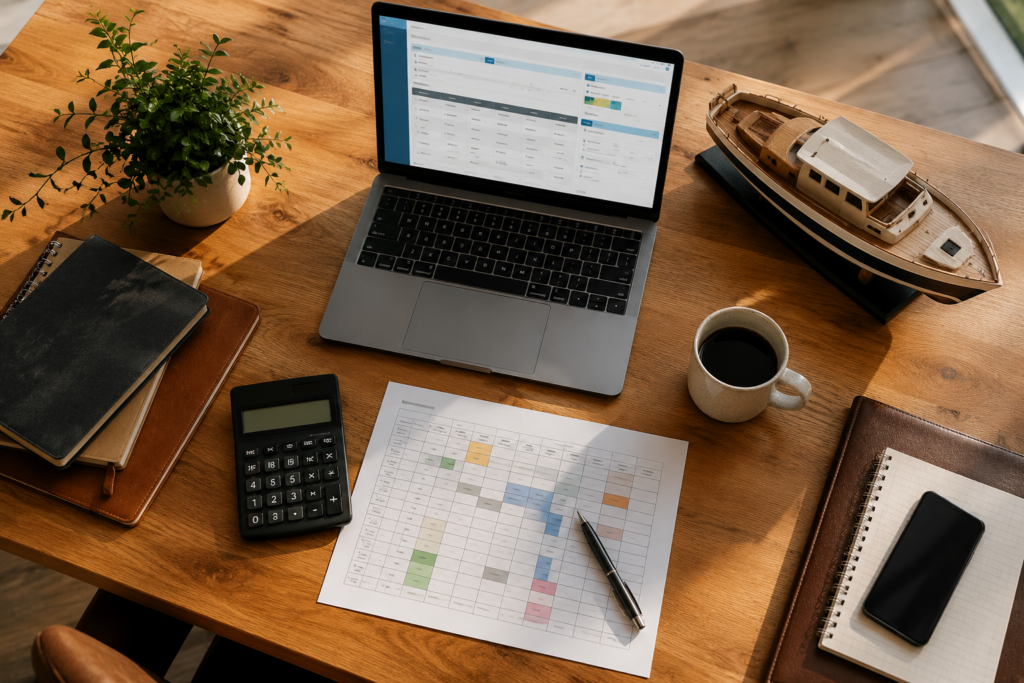 Excel bateau-école avec ordinateur portable, tableau de gestion et documents de travail